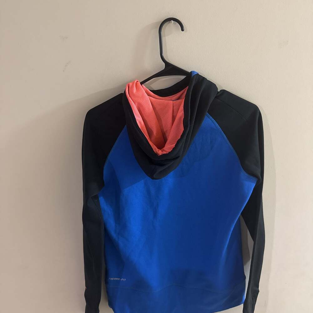 Nike Therma-FIT Blue & Black Pullover Hoodie with Orange Swoosh, Girls' S - Picture 5 of 5